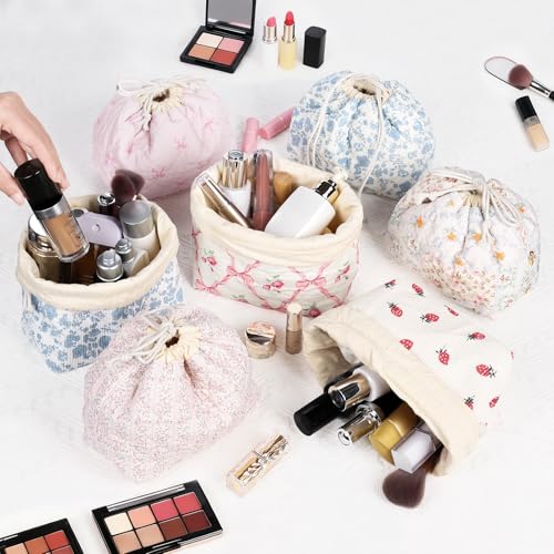 Playexen Quilted Drawstring Makeup Bag, Cute Travel Cosmetic Pouch