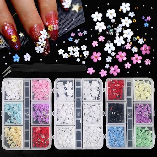 FOIMAS 3D Flower Nail Charms & Rhinestones Set with Tweezer