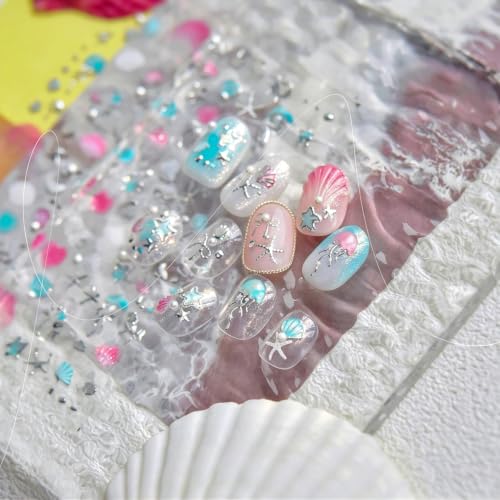5D Embossed Shell Nail Stickers Silvery Ocean Starfish Decals