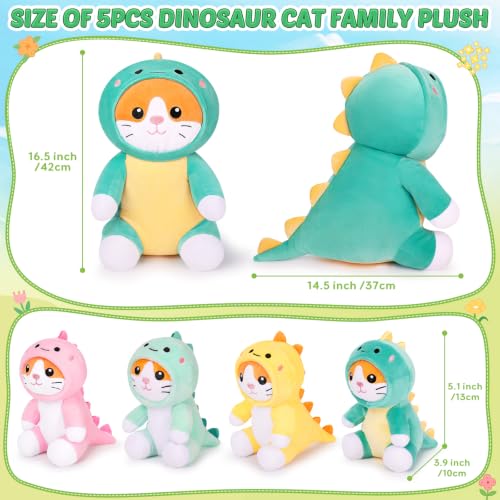 Dinosaur Cat Plush Family Set - Large Mommy & 4 Baby Kittens Kawaii Pillow - Kids & Adults Gift