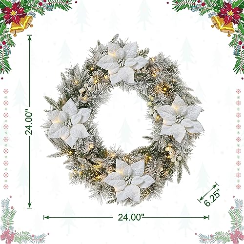 Poinsettia 24-Inch Christmas Wreath with Lights and Timer - Snow Flocked Greenery