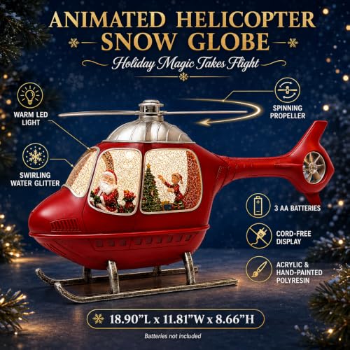 Animated Christmas Snow Globe with Helicopter, Lights & Glitter Scene