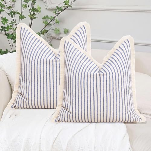 Set of 2 18x18 Inch Farmhouse Boho Throw Pillow Covers with Tassels - Neutral Cotton Decor