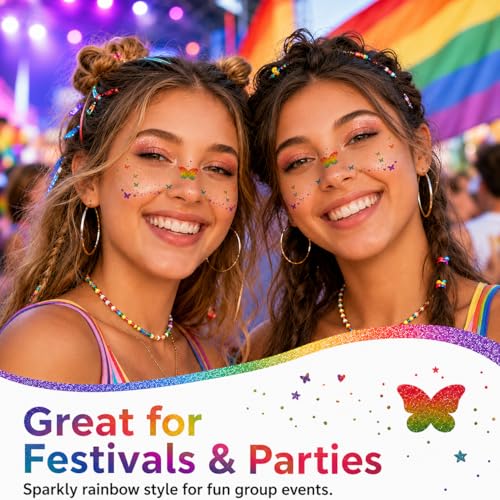 Artlunar 8Pcs Rainbow Butterfly Temporary Face Tattoos with Silver Glitter