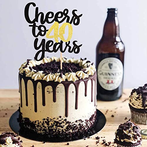 Cheers to 40 Years Cake Topper - Black & Gold Glitter Decoration