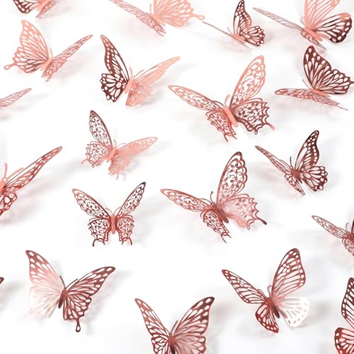 48 PCS Rose Gold 3D Butterfly Wall Decor - 4 Styles & 3 Sizes