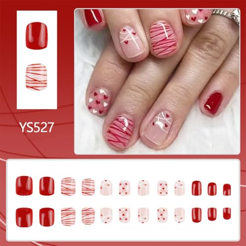 Valentine Press on Nails Short Red White Heart Fake Nails 24Pcs