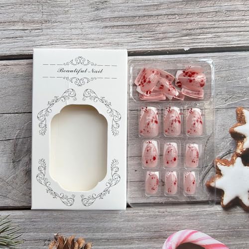 GLINLS Halloween Press on Nails Medium Square Bloody White French Tip False Nails