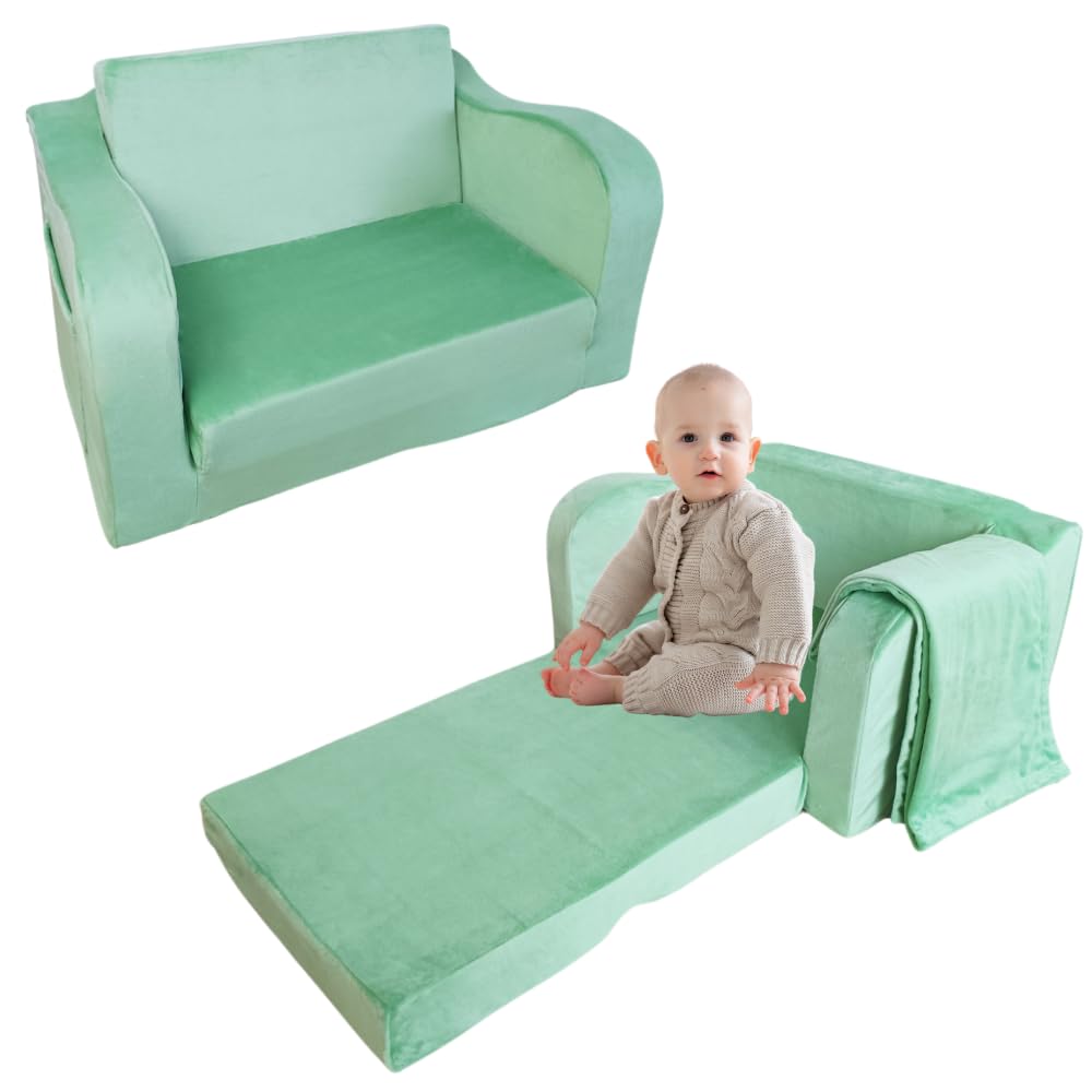 Wonder Space Kids Foam Couch with Blanket, Pre-Assembled Toddlers 2-in-1 Convertible Sofa, Indoor Foadable Lounger Chair & Flip Open Floor Bed for Boys & Girls (Mint Green)