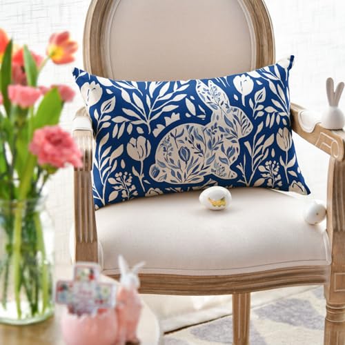 Easter Bunny Throw Pillow Cover - Dark Blue & White, 12x20 Inch