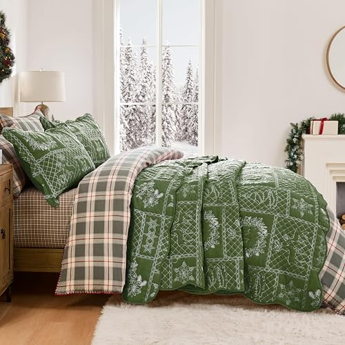 Green Patchwork Queen Size Christmas Quilt Bedding Set with 2 Shams