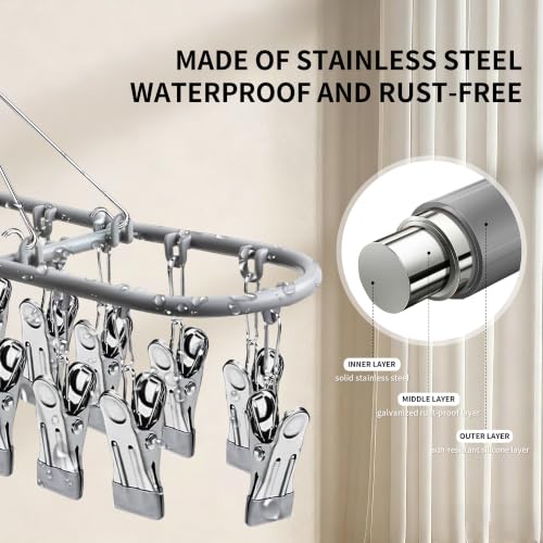 Dark Gray Sock Hanger with 20 Clips - Stainless Steel Drying Rack for Underwear & Baby Clothes