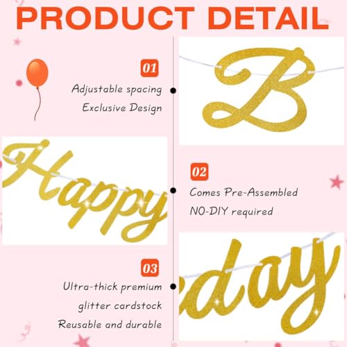 Golden Glitter Happy Birthday Banner with Star Decor and Hanging Ribbon