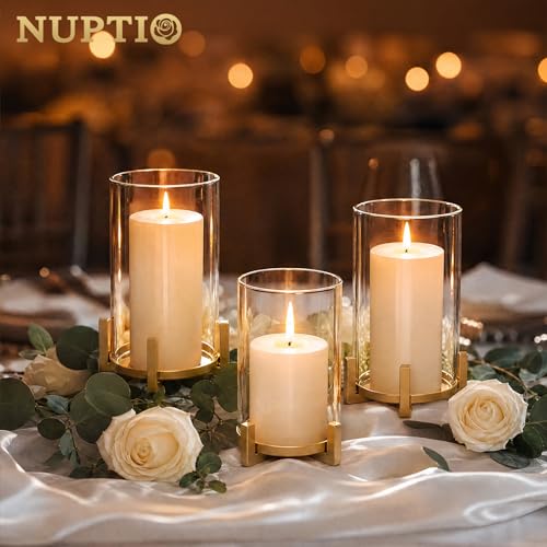 Gold Pillar Candle Holders Set of 3 - Hurricane Glass Candle Stands with Sleeve