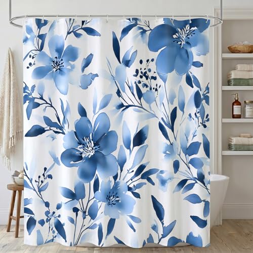 Blue Floral Shower Curtain, 72x72 Inch Watercolor Navy Botanical Bath Set