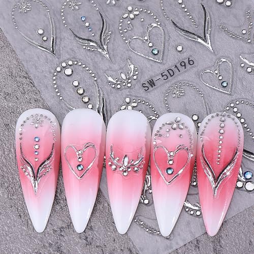 Guroenky 5D Embossed Rhinestone Nail Stickers, Silver Heart French Tip Decals