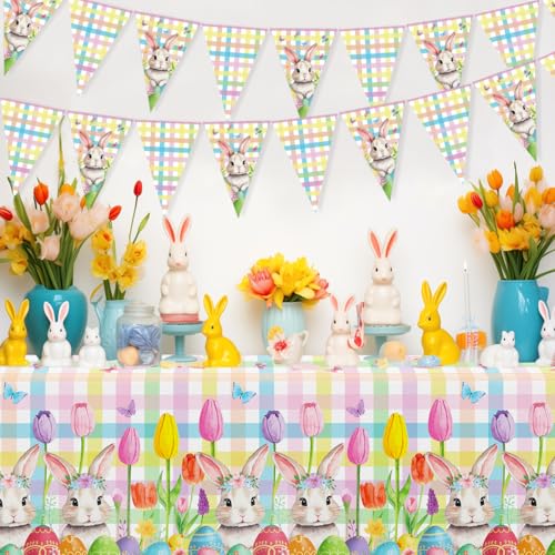 Dvaorc 4-Pack Easter Tablecloth and Bunny Banners Spring Party Decor
