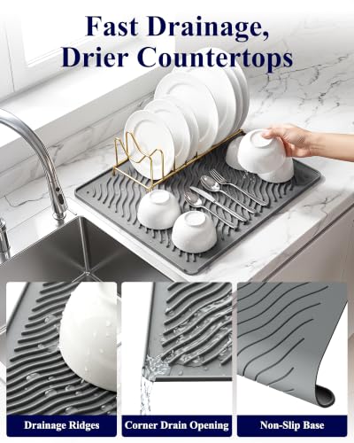 Kitsure Silicone Dish Drying Mat, 2 Pack - Heat-Resistant & Fast-Draining, 17.7" x 13.8" - Dark Gray