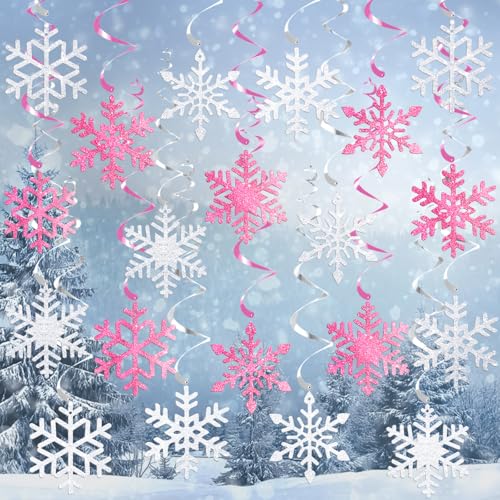 20Pcs Winter Snowflake Hanging Swirl Decorations - Pink Silver Snowflakes for Christmas Winter Wonderland Party - Variation of Snowflake Pink Silver