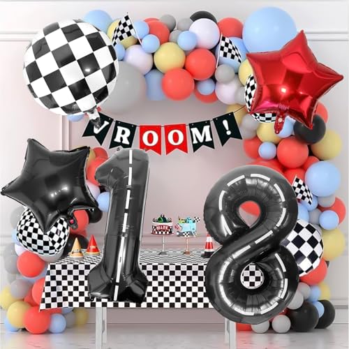 LEBERY Race Car Number 8 Balloon Set, 40-Inch Black Racetrack & Checkered Balloons