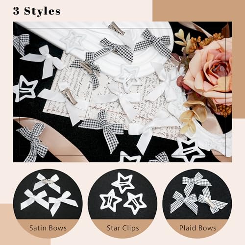 AROCOOY Mini Hair Bows and Star Clips Set 24PCS Gingham Satin Bowknot Hairpins