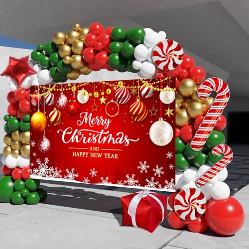 Christmas Balloon Arch Kit with Backdrop and Decorations, 163PCS Party Supplies