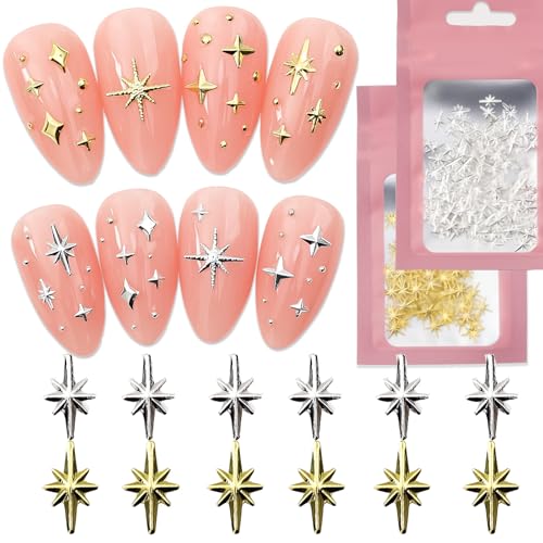 WULIUFLY 200Pcs Gold Star Nail Charms - 3D Alloy Retro Nail Gems & Art Supplies