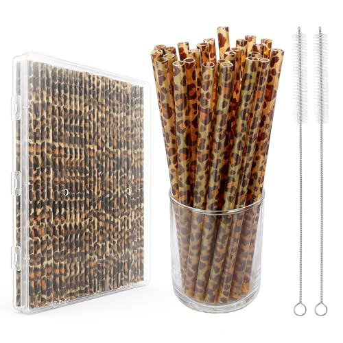 28 Pcs Reusable Leopard Print Straws with Cleaning Brushes - 9 Inch PETG