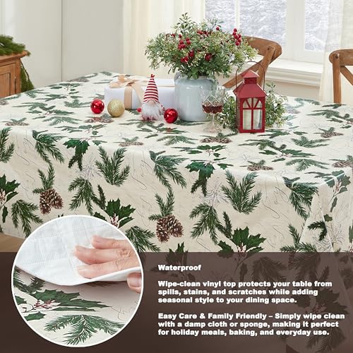 Newbridge Christmas Joyful Holly Vinyl Tablecloth 60 x 102 Inch Rectangular Holiday Decor - Flannel Backing