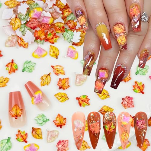 3D Maple Leaf Nail Charms Fall Rhinestones 100Pcs Thanksgiving Art Decor