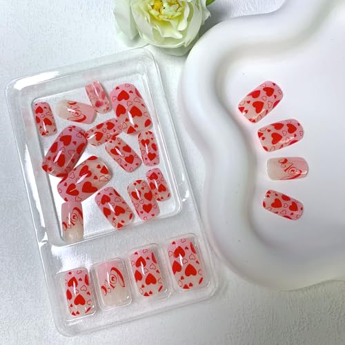 Valentine Press on Nails Medium Square Red Heart Acrylic Nails 24 Pcs