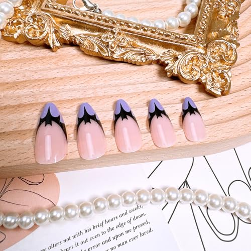 Halloween Press on Nails Short Almond False Nails Black Bat Purple French Tip