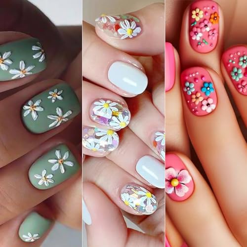 5D Embossed Flower Nail Stickers - Daisy Floral Decals 4 Sheets