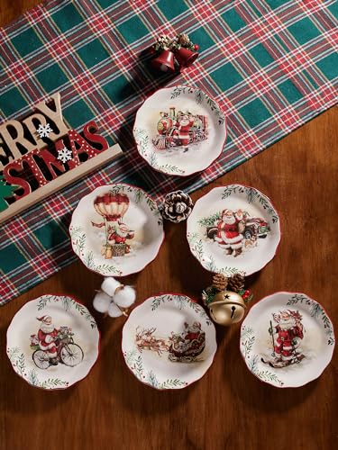 Santa On The Way Scalloped Christmas Appetizer Plates Set of 6 - Holiday Party Decor