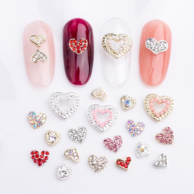 3D Heart Nail Charms Rhinestones Silver Alloy Crystal Gems 12Pcs