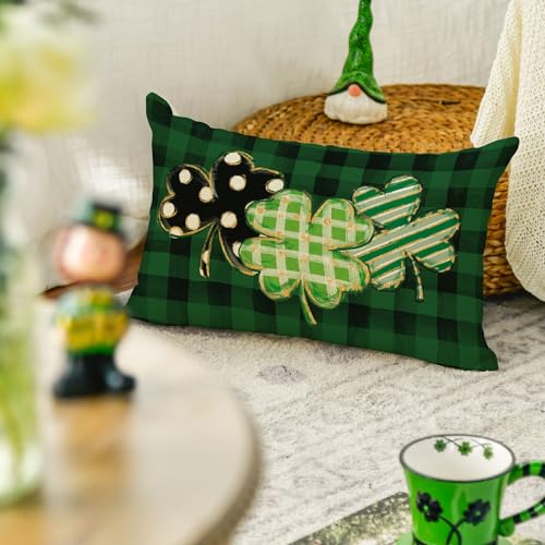 AVOIN colorlife St Patricks Day Clover Pillow Cover 12x20 Dark Green Buffalo Plaid Shamrock Cushion for Sofa Couch
