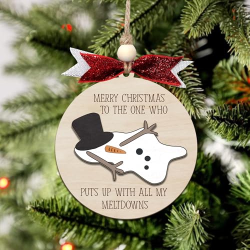 Funny Snowman Christmas Ornament - Wooden Round Holiday Decoration