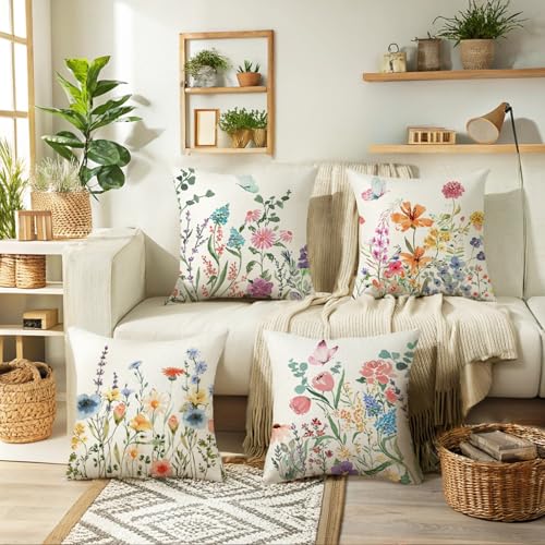 Spring Farmhouse Throw Pillow Covers 18x18, Set of 4 (Spring 02)