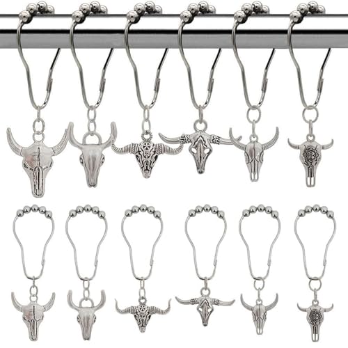 Set of 12 Bull Skull Decorative Shower Curtain Hooks