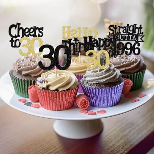 30 Pack Happy 30th Birthday Cupcake Toppers – Glitter Decorations