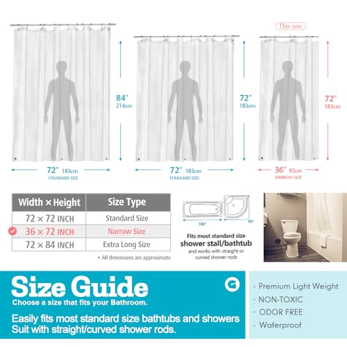Ga-Geetopia 36" x 72" Narrow Shower Curtain Liner, Clear PEVA Lightweight