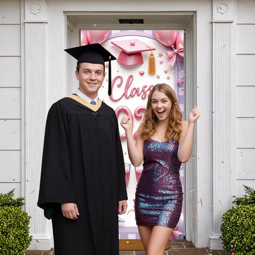 Class of 2026 Graduation Door Cover Banner - Pink Grad Cap & Champagne