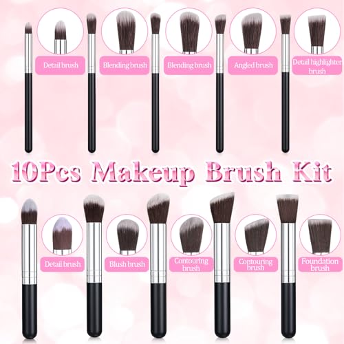 10-Piece Makeup Brush Set with Soft Synthetic Bristles and Wooden Handles