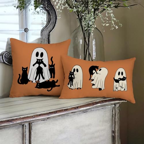 Halloween Pillow Cover 12x20 - Cute Ghosts & Black Cat, Orange