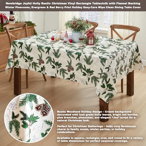 Newbridge Christmas Joyful Holly Vinyl Tablecloth 60 x 102 Inch Rectangular Holiday Decor - Flannel Backing