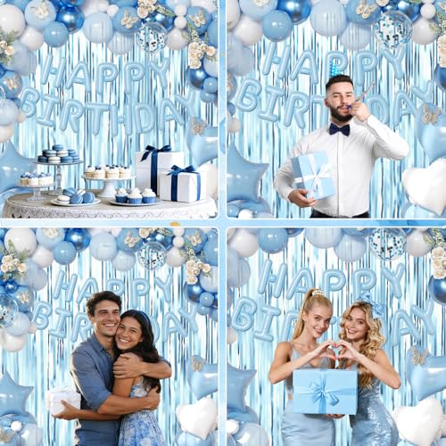 Dusty Blue Birthday Decorations Set for Girls & Women | Balloons & Fringe Curtains