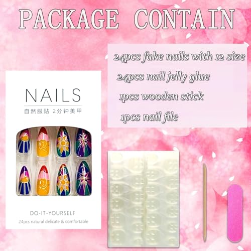 FIEONCIY Glossy Almond Press On Nails with Floral Designs and Charms