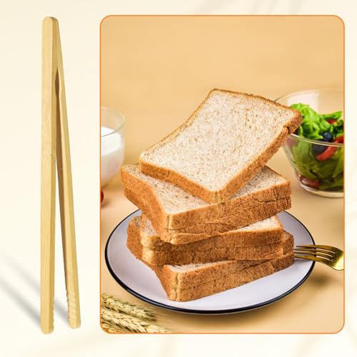 JJUNW 10 Pcs Bamboo Toast Tongs - Anti-Slip 7 Inch Wooden Utensils