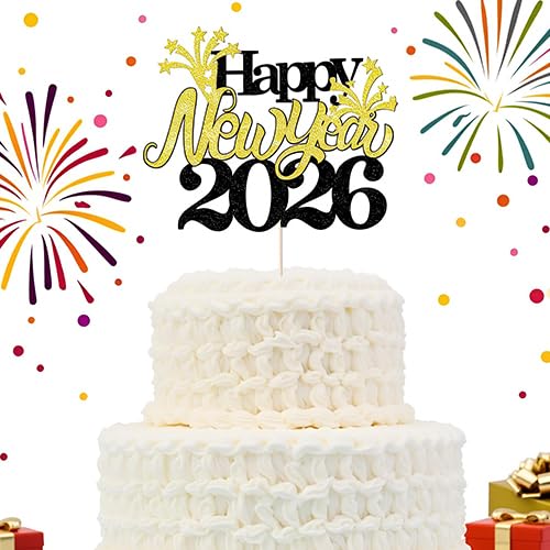 Happy New Year 2026 Cake Topper with Glitter Stars - Party Decor