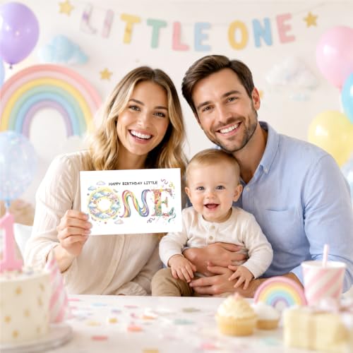 Rainbow ONE Typography First Birthday Card - Gender Neutral